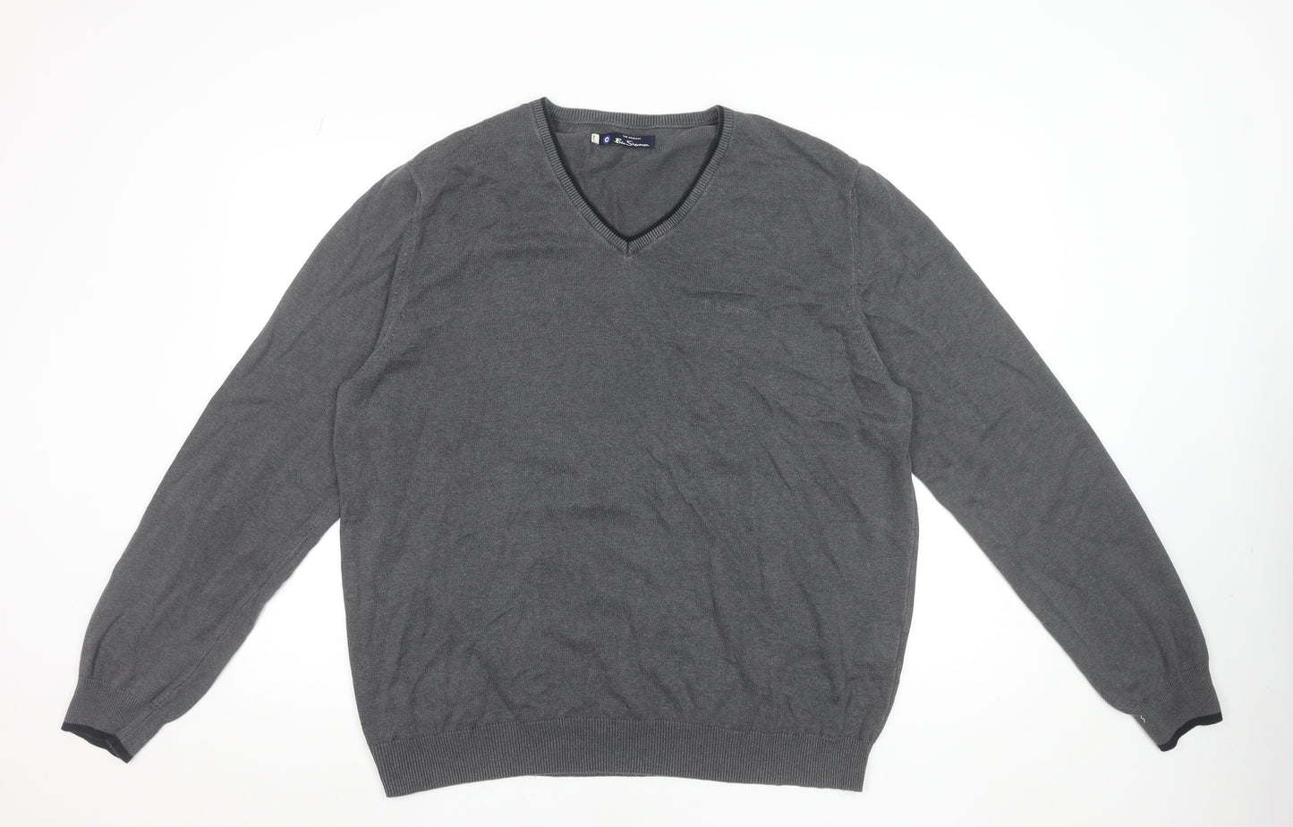 Ben Sherman Men's Grey XL V-Neck Cotton Jumper Classic Knitwear