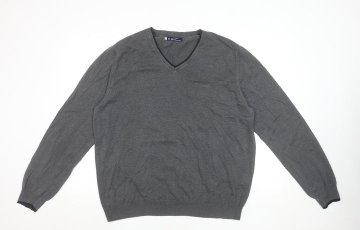Ben Sherman Men's Grey XL V-Neck Cotton Jumper Classic Knitwear