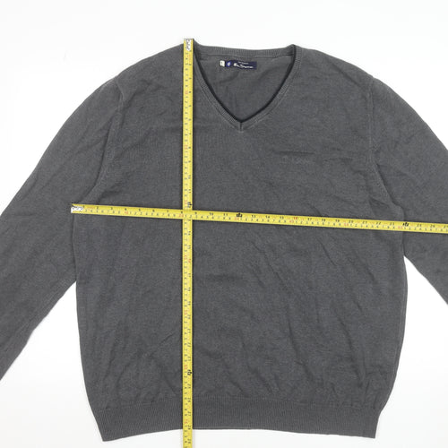 Ben Sherman Men's Grey XL V-Neck Cotton Jumper Classic Knitwear
