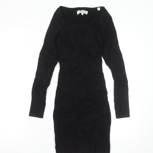 Jack Wills Women’s Black Bodycon Knit Dress Size 10 Long Sleeve Sweetheart Neck