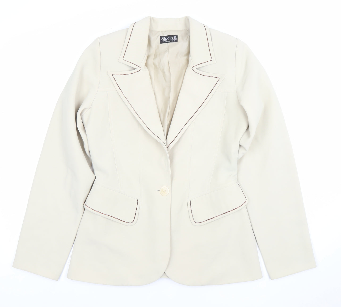 Studio F Women’s Beige Tailored Blazer Size 12 Single-Breasted One-Button Jacket