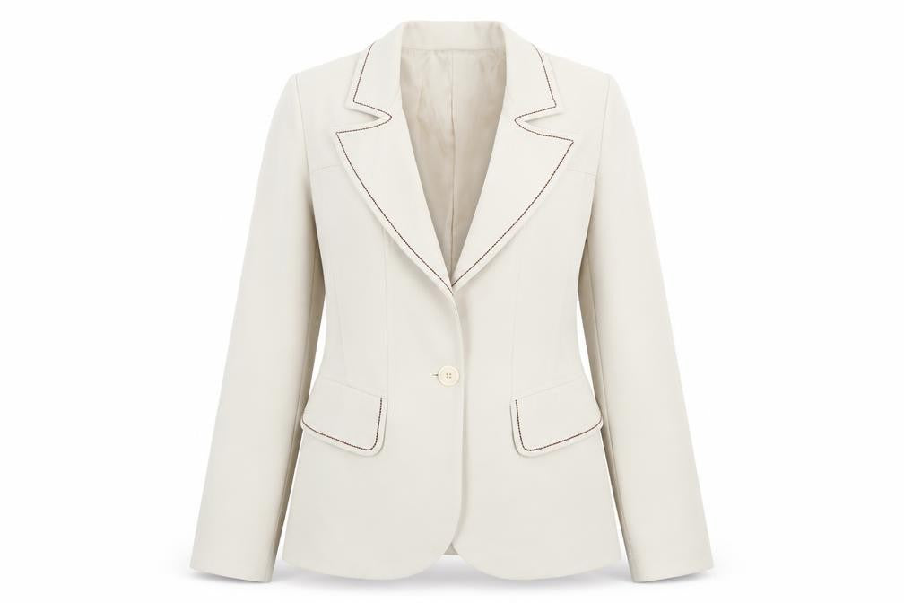Front view of Studio F Women’s Beige Tailored Blazer, size UK 12, Single-Breasted One-Button Jacket