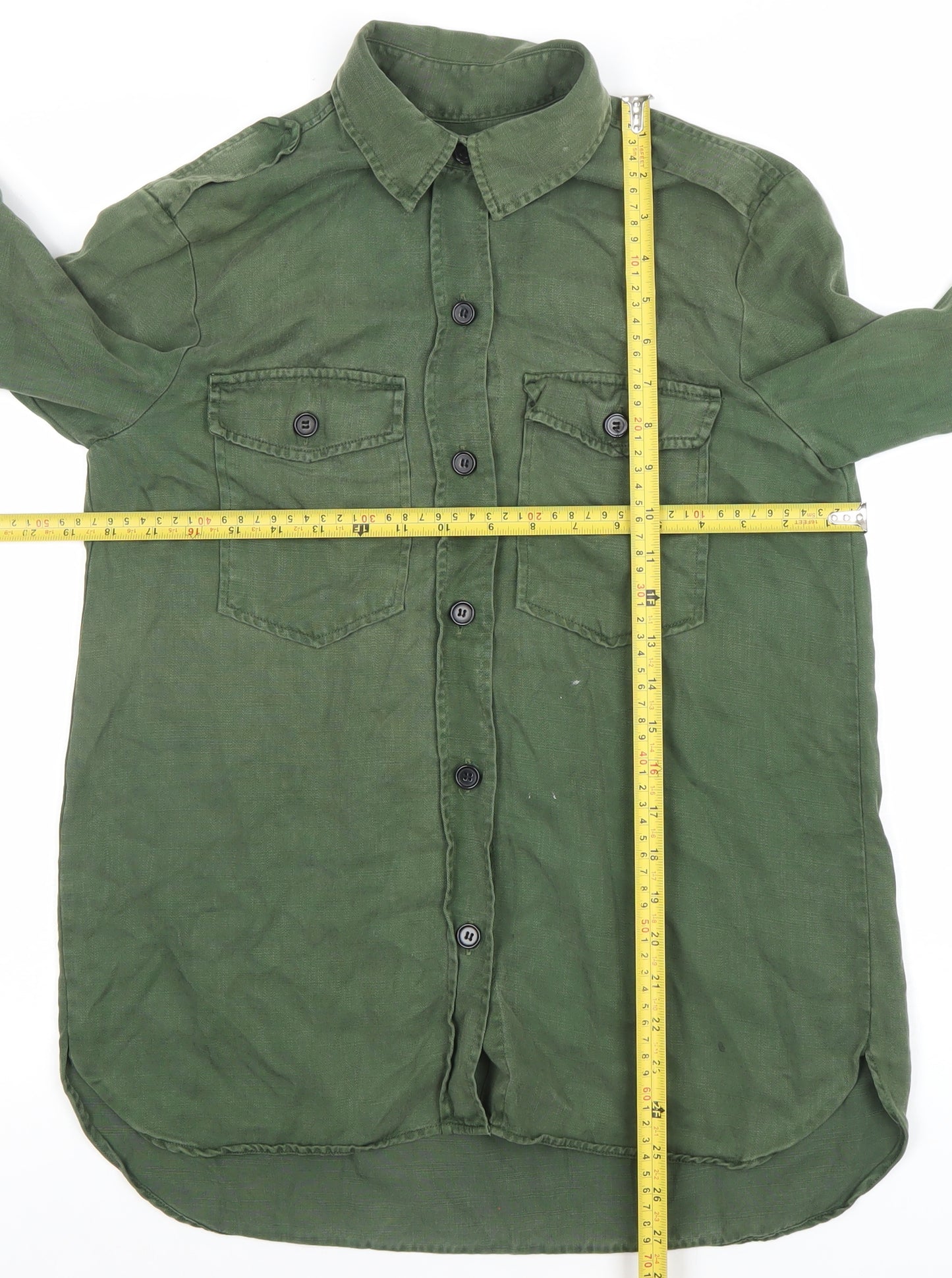 Zara Woman Green Cotton Long Sleeve Button-Up Shirt Size L