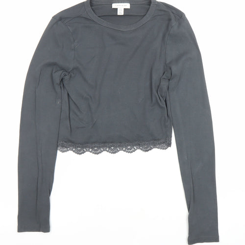Topshop Women's Black Cropped Lace Trim Long Sleeve T-Shirt UK 10