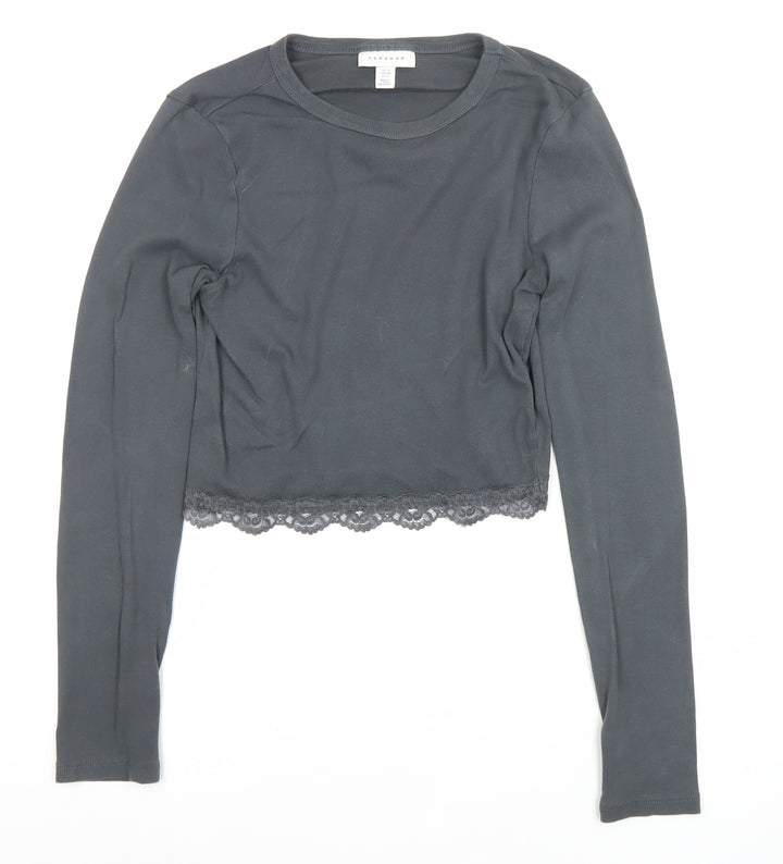 Topshop Women's Black Cropped Lace Trim Long Sleeve T-Shirt UK 10