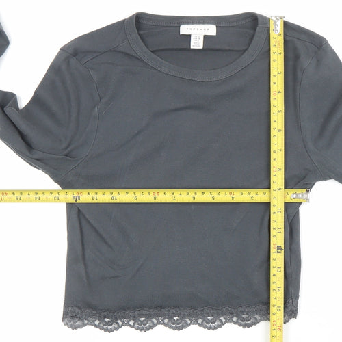 Topshop Women's Black Cropped Lace Trim Long Sleeve T-Shirt UK 10