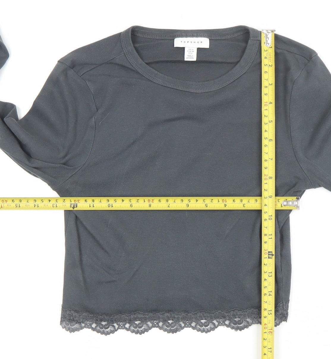 Topshop Women's Black Cropped Lace Trim Long Sleeve T-Shirt UK 10