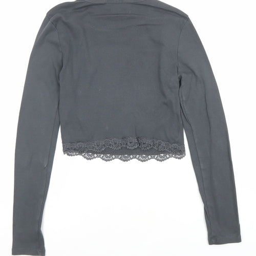 Topshop Women's Black Cropped Lace Trim Long Sleeve T-Shirt UK 10