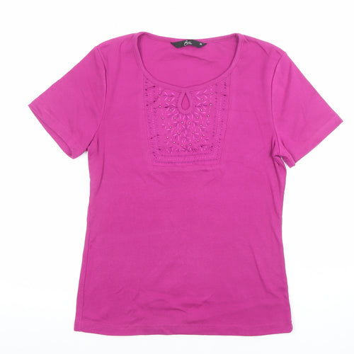 Bon Casual Women's Pink Embroidered Cotton Stretch T-Shirt XS