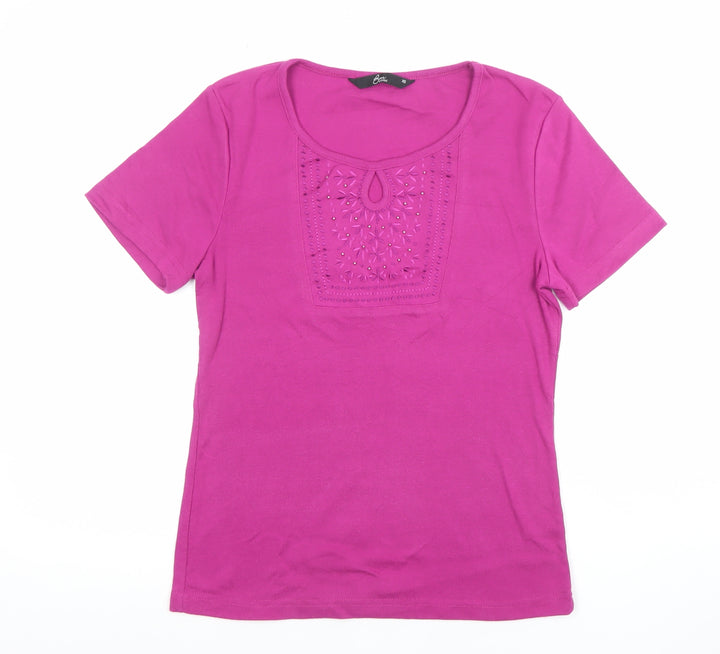 Bon Casual Women's Pink Embroidered Cotton Stretch T-Shirt XS