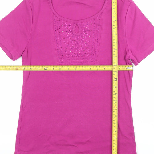 Bon Casual Women's Pink Embroidered Cotton Stretch T-Shirt XS