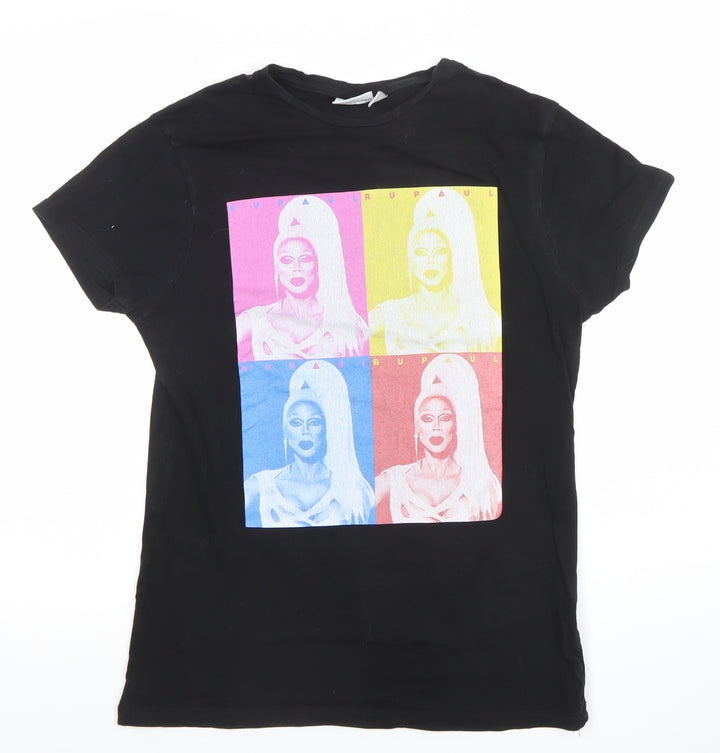 RuPaul Women's Black Pop Art Graphic Short Sleeve Cotton T-Shirt 2XS