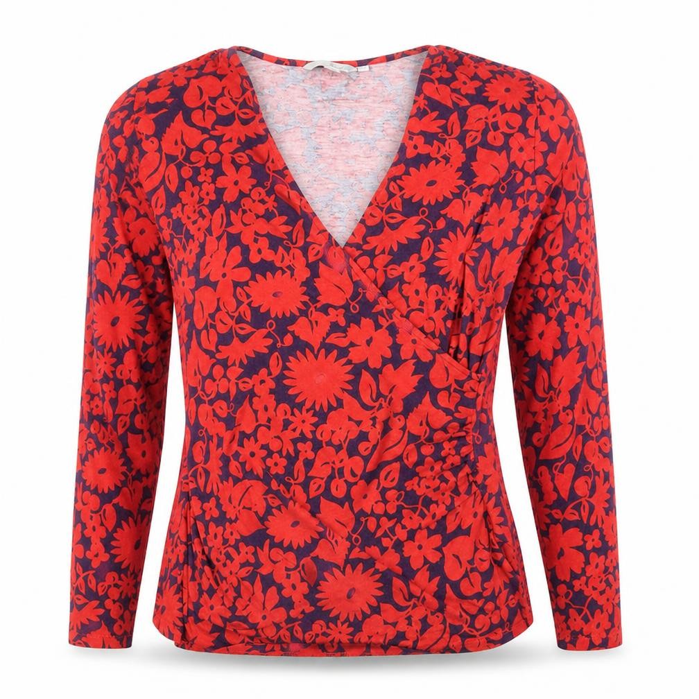 Front view of Boden Women's Red Floral Wrap Jersey Blouse, size 10, Long Sleeve
