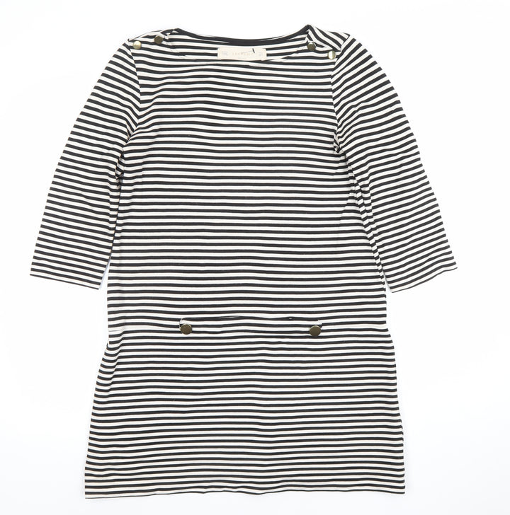 Zara Knit Women’s Black Striped Shift Dress Size L 3/4 Sleeve Nautical Style