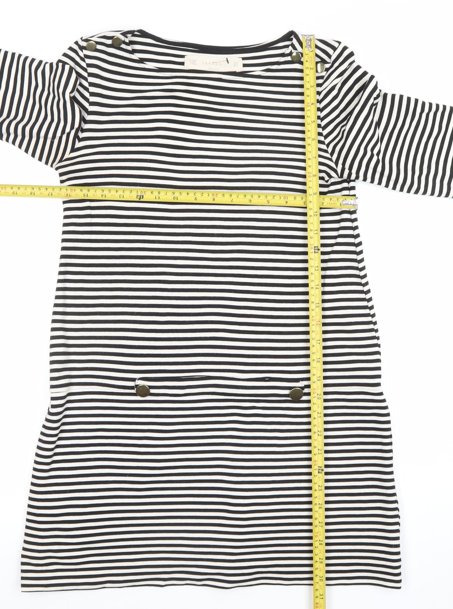 Zara Knit Women’s Black Striped Shift Dress Size L 3/4 Sleeve Nautical Style