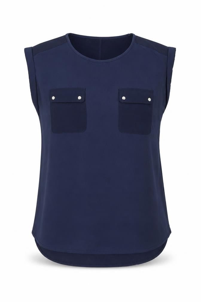 Front view of Oasis Women's Blue Sleeveless Chiffon Blouse, size M