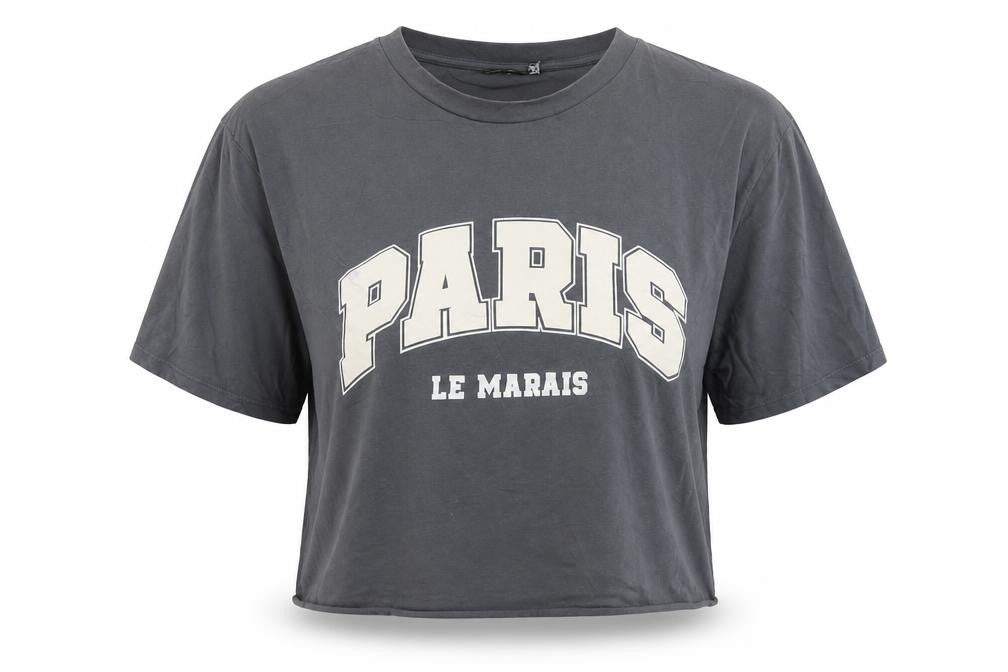 Front view of ASOS DESIGN women’s grey cropped paris t-shirt, size S