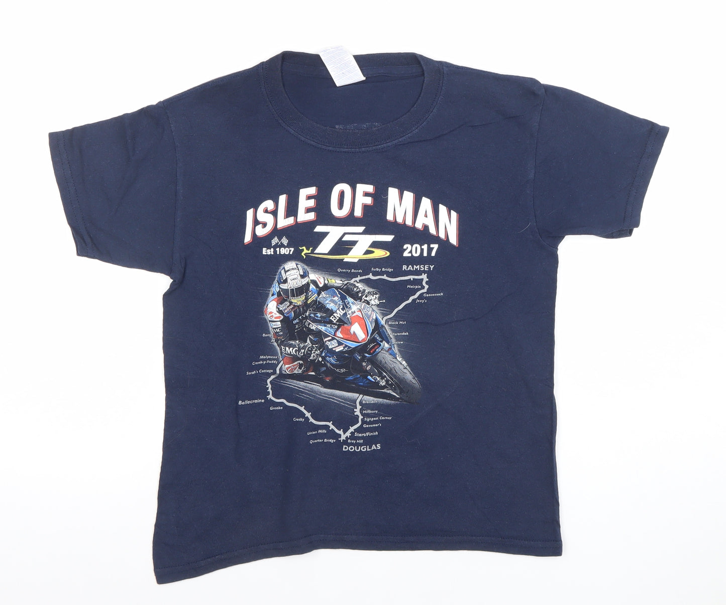 Gildan Boys Blue Isle of Man TT 2017 Motorcycle Graphic T-Shirt XS