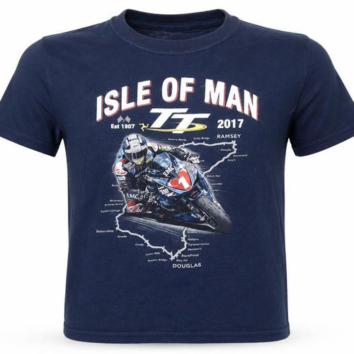 Gildan Boys Blue Isle of Man TT 2017 Motorcycle Graphic T-Shirt XS