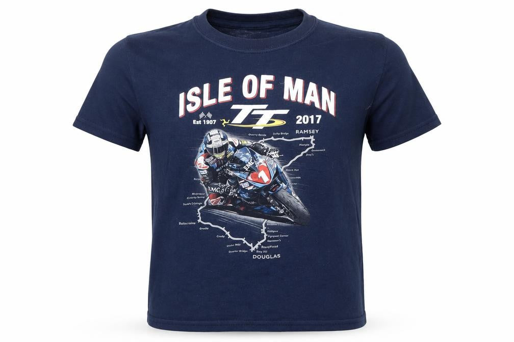 Gildan Boys Blue Isle of Man TT 2017 Motorcycle Graphic T-Shirt XS