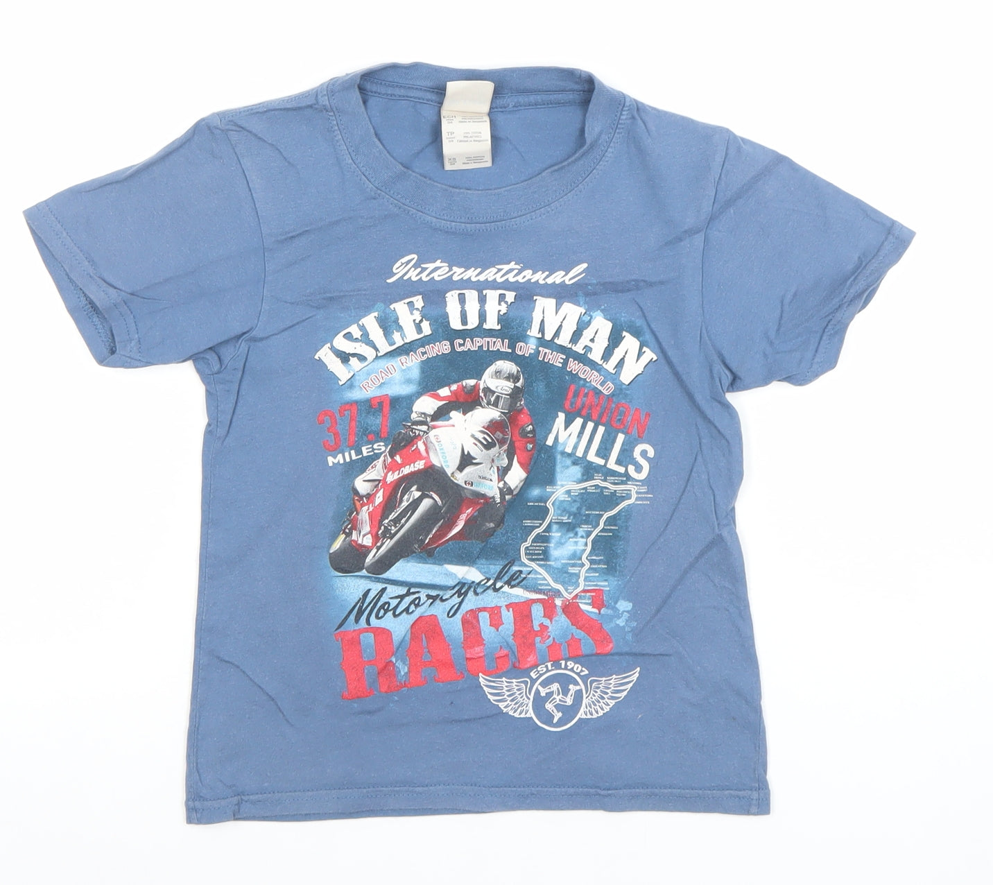 Gildan Boys Blue Isle of Man Motorcycle Races T-Shirt XS Ring Spun Cotton