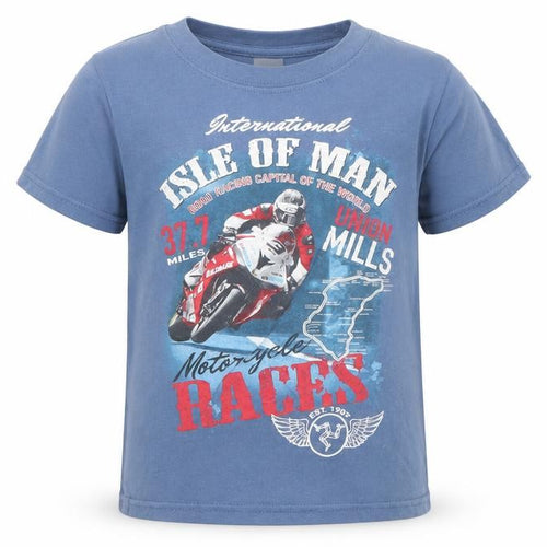 Gildan Boys Blue Isle of Man Motorcycle Races T-Shirt XS Ring Spun Cotton