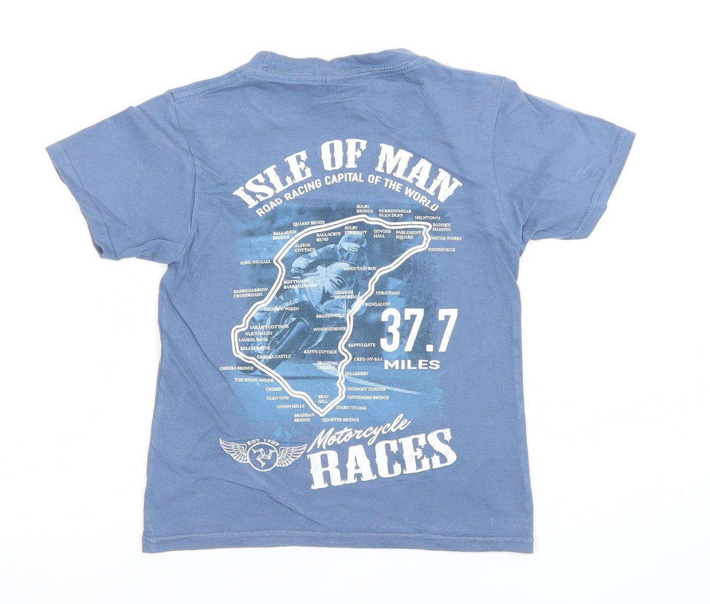 Gildan Boys Blue Isle of Man Motorcycle Races T-Shirt XS Ring Spun Cotton