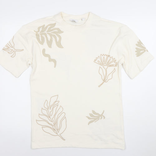 Next Men's Ivory Floral Embroidered Cotton T-Shirt XS
