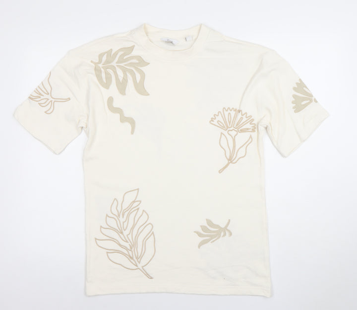 Next Men's Ivory Floral Embroidered Cotton T-Shirt XS