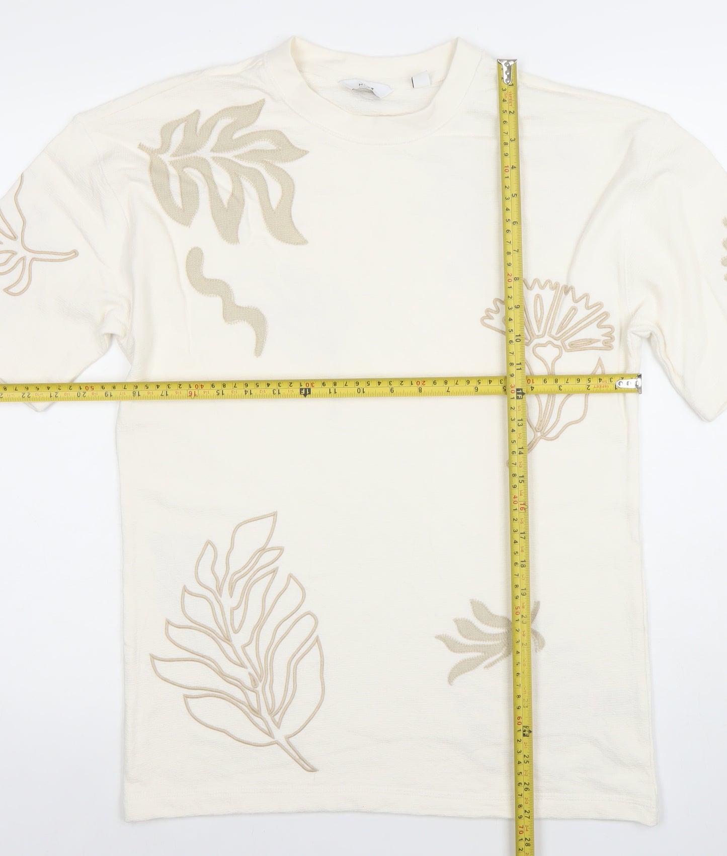Next Men's Ivory Floral Embroidered Cotton T-Shirt XS