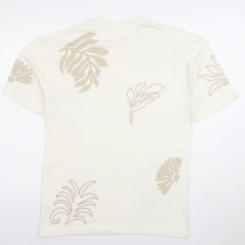 Next Men's Ivory Floral Embroidered Cotton T-Shirt XS