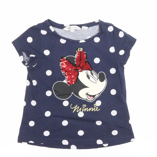 H&M Girls Blue Polka Dot Minnie Mouse Sequin T-Shirt 7-8 Years