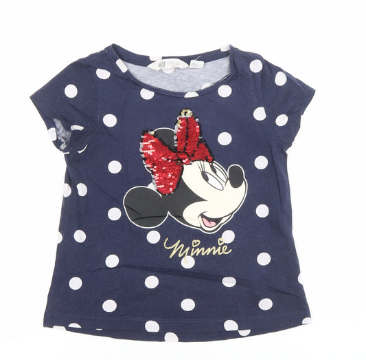 H&M Girls Blue Polka Dot Minnie Mouse Sequin T-Shirt 7-8 Years