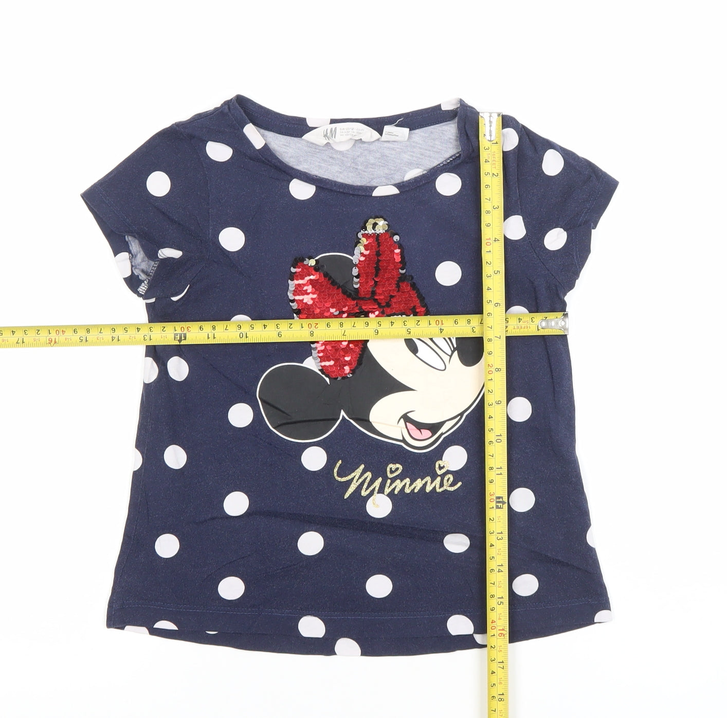 H&M Girls Blue Polka Dot Minnie Mouse Sequin T-Shirt 7-8 Years