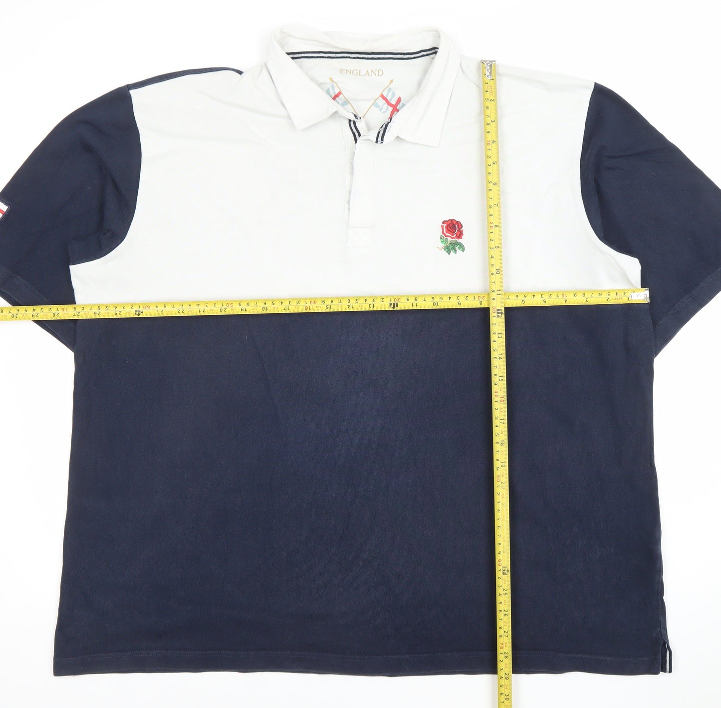 Men’s England Rugby Polo Shirt Blue White 3XL Cotton Embroidered Rose