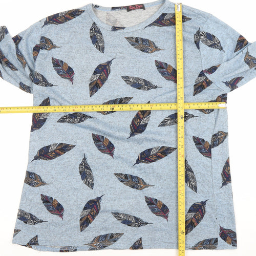 Kite Dope Womens Blue Feather Print Long Sleeve Cotton T-Shirt 3XL