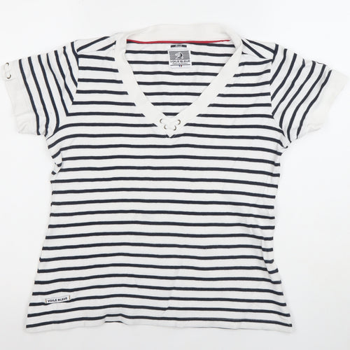 Voile Bleue Women’s Blue Striped Nautical V-Neck T-Shirt Small