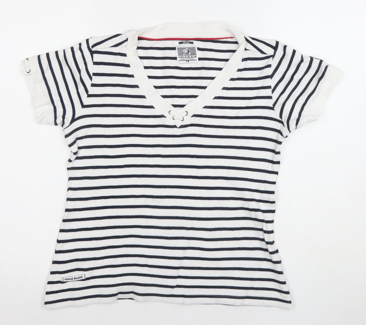 Voile Bleue Women’s Blue Striped Nautical V-Neck T-Shirt Small