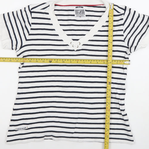 Voile Bleue Women’s Blue Striped Nautical V-Neck T-Shirt Small