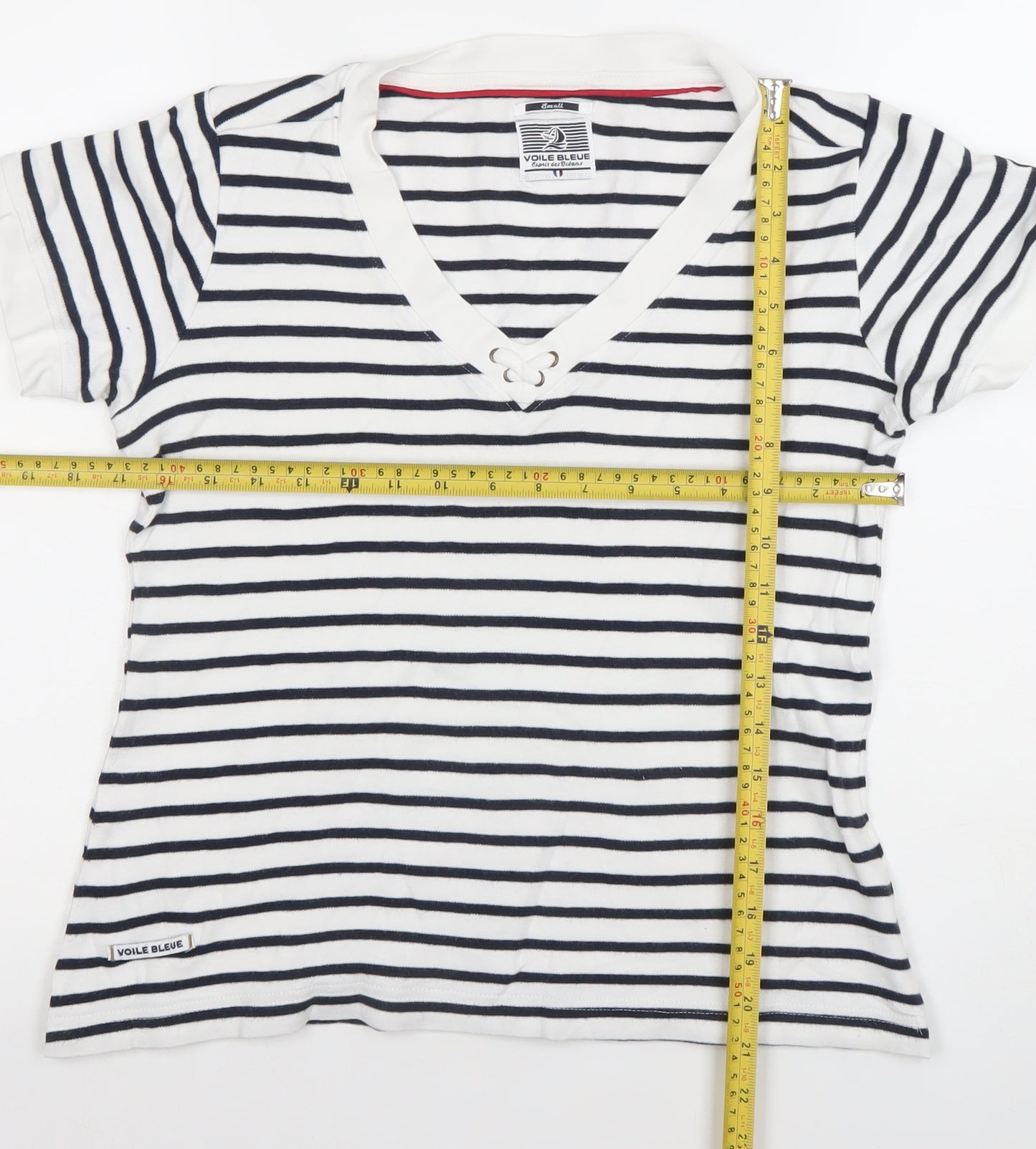 Voile Bleue Women’s Blue Striped Nautical V-Neck T-Shirt Small