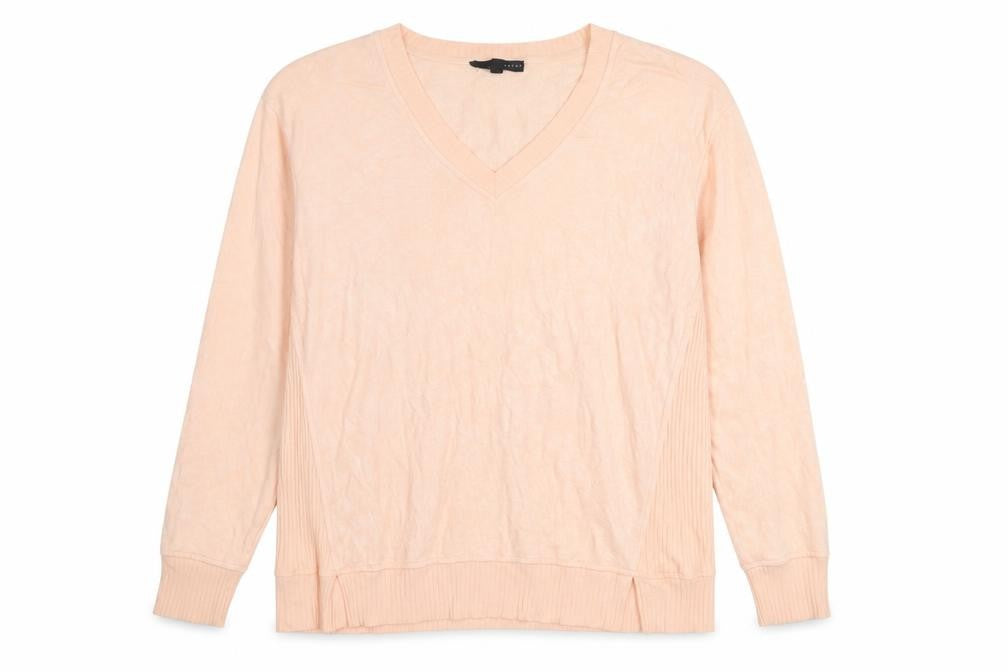 Front view of Lane + Delancey Women’s Beige V-Neck jumper, size L