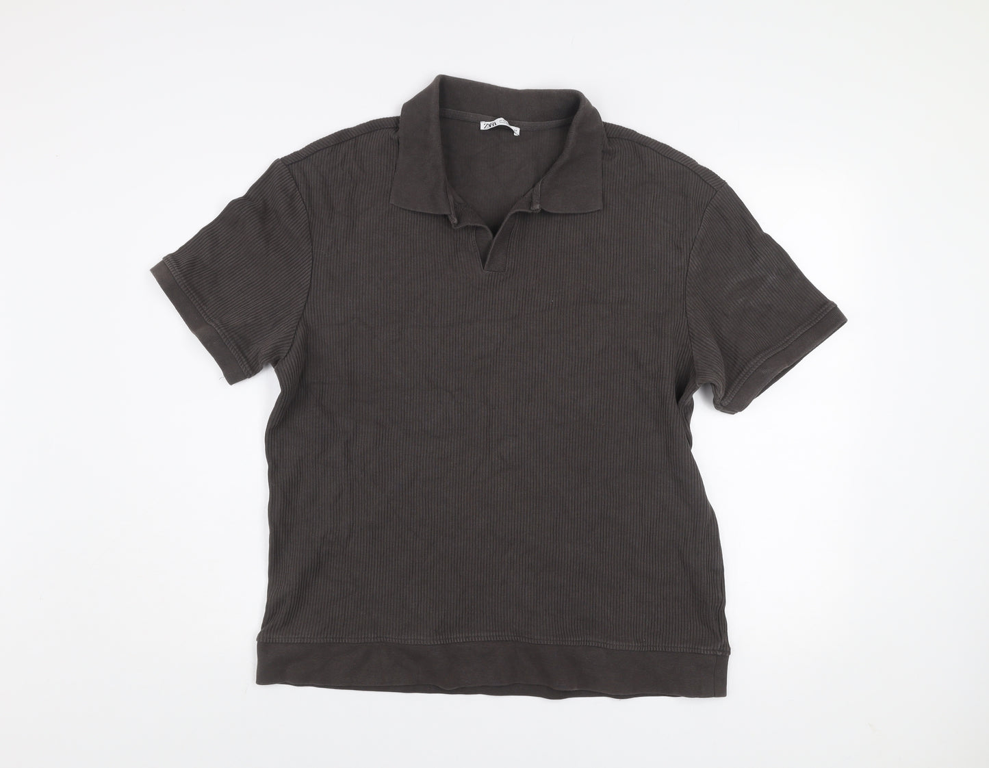 Zara Men Brown Collared Short Sleeve Cotton Knit Polo Shirt Size XL