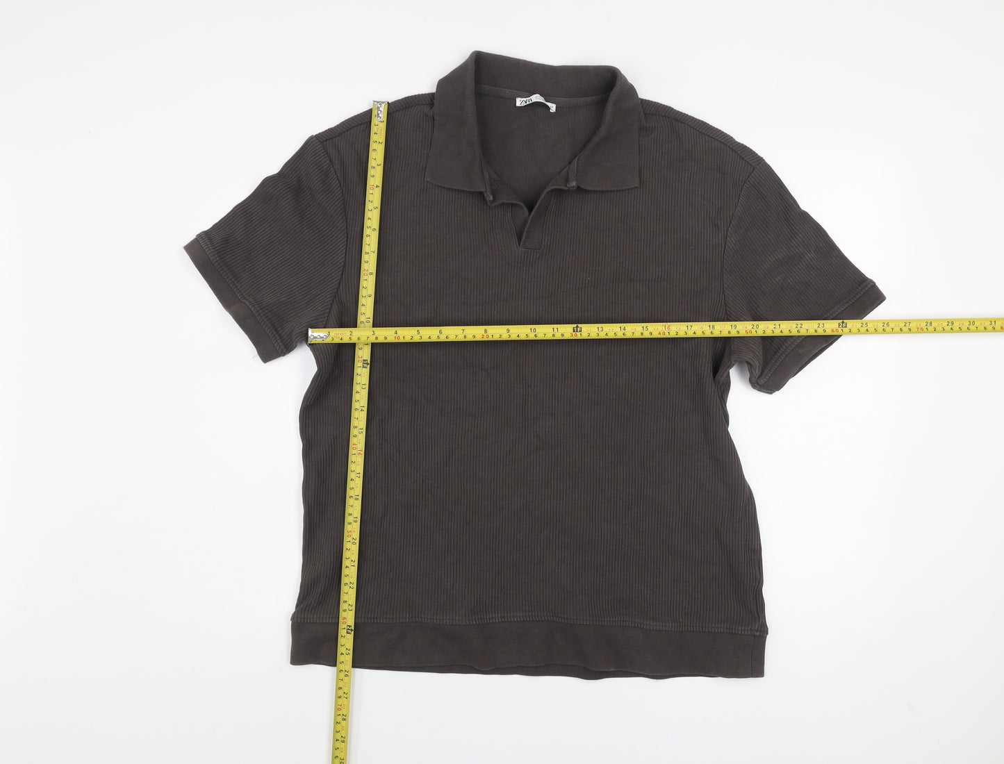 Zara Men Brown Collared Short Sleeve Cotton Knit Polo Shirt Size XL