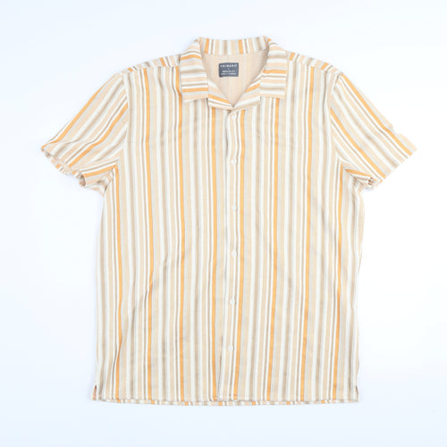 Primark Men's Beige Striped Regular Fit Short Sleeve Button-Up Shirt Size L