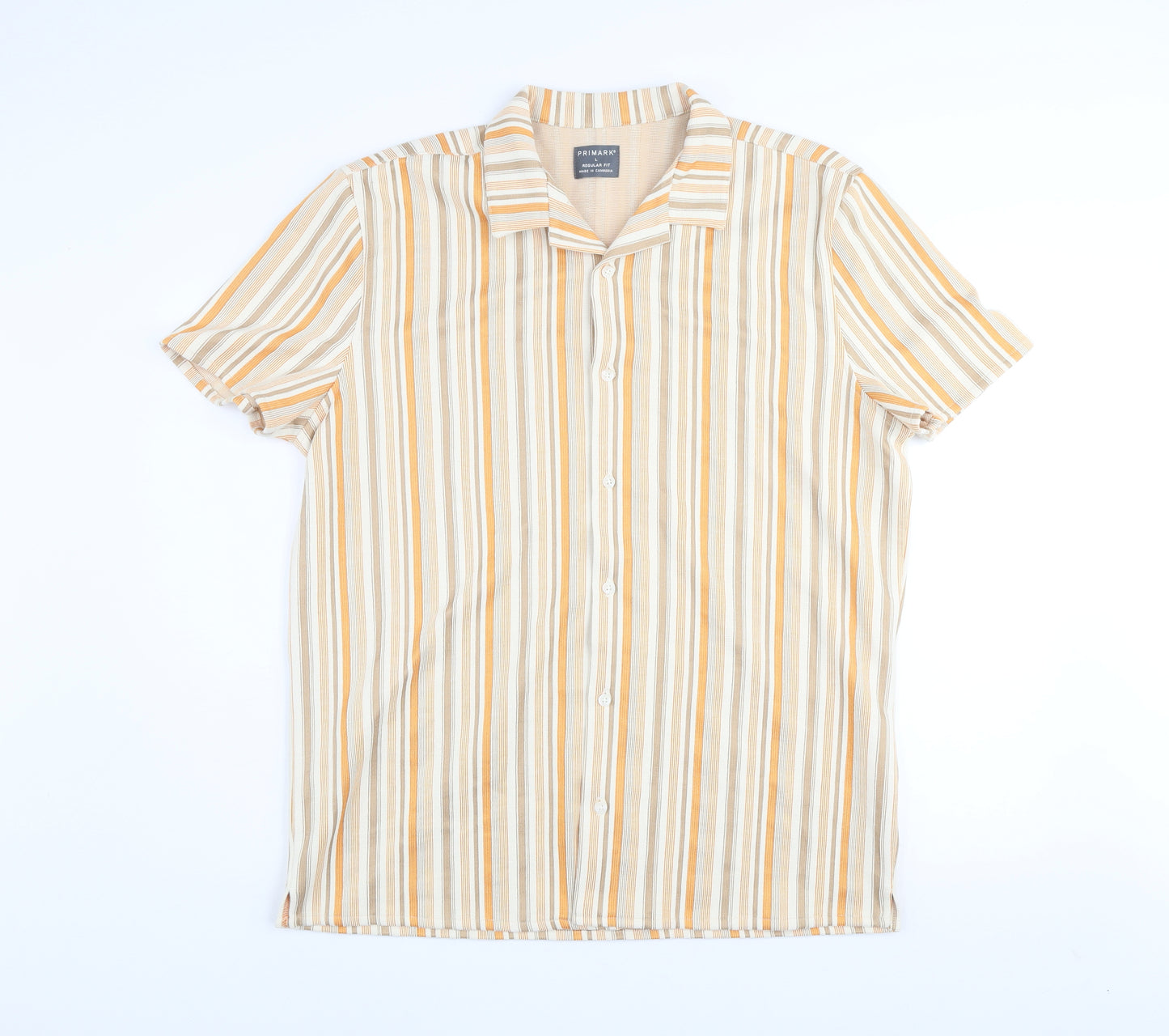 Primark Men's Beige Striped Regular Fit Short Sleeve Button-Up Shirt Size L