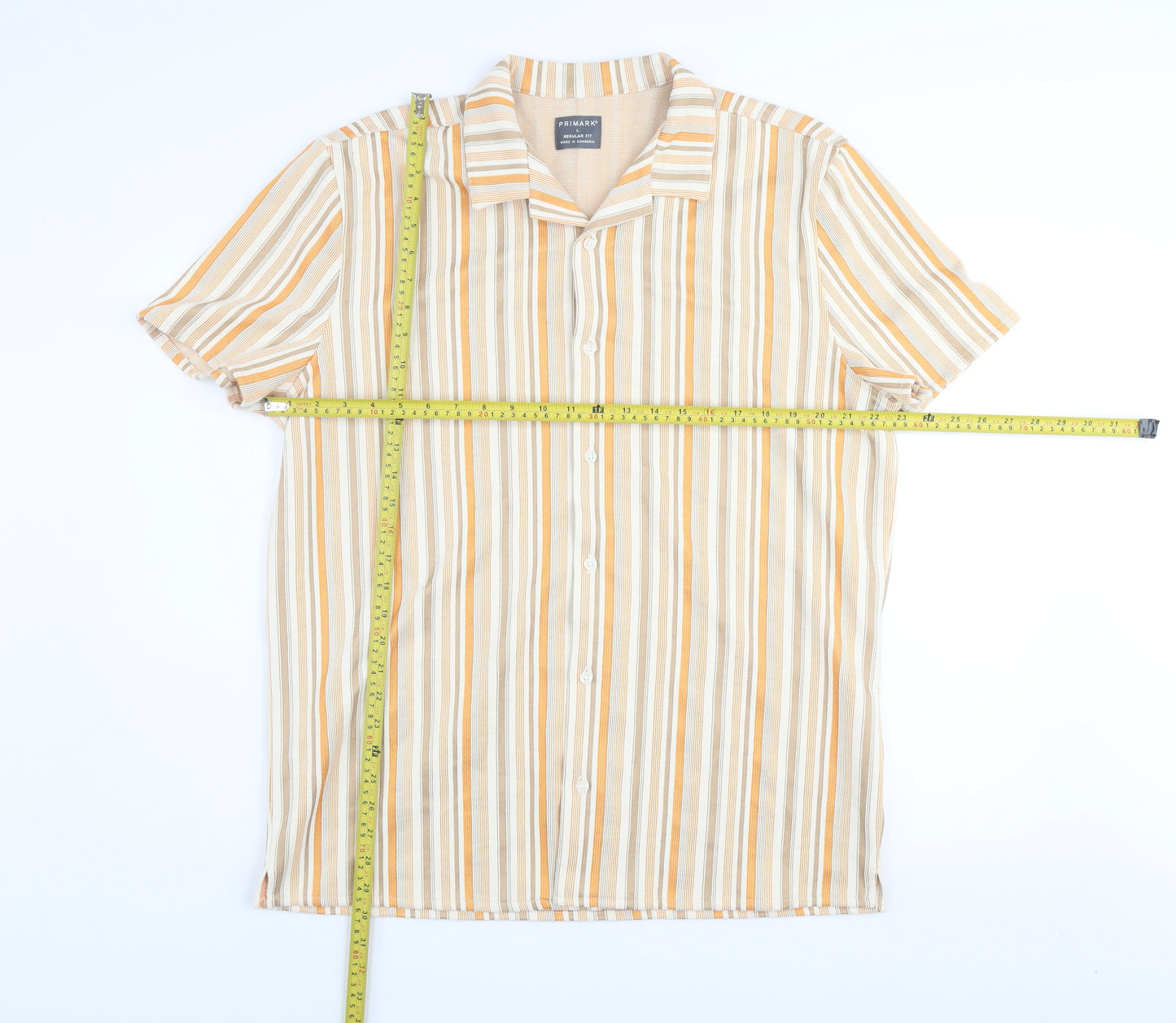Primark Men's Beige Striped Regular Fit Short Sleeve Button-Up Shirt Size L