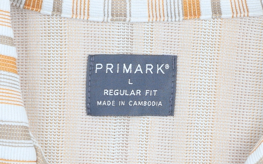 Primark Men's Beige Striped Regular Fit Short Sleeve Button-Up Shirt Size L