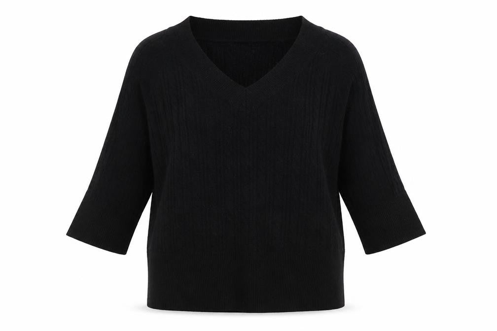 Front view of Monsoon Women’s Black V-Neck Cable-Knit jumper, size L