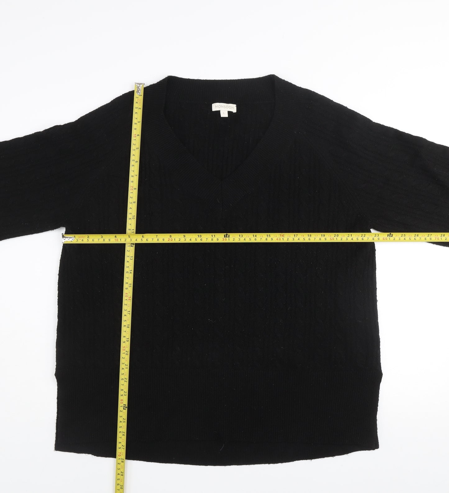 Monsoon Women’s Black V-Neck Cable-Knit Pullover Jumper Size L