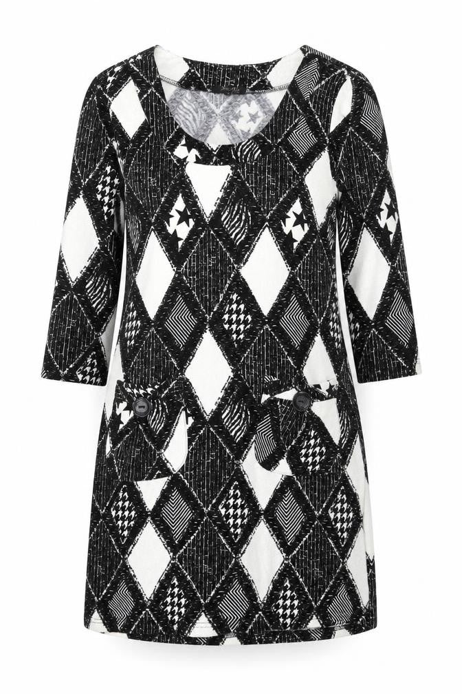Front view of Stella Morgan Women’s Black Geometric Shift Dress, size UK 12